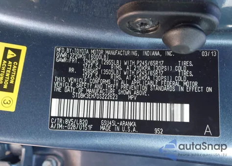 2013 Toyota Highlander Se V6 from USA, damaged, VIN 5TDBK3EH7DS222623